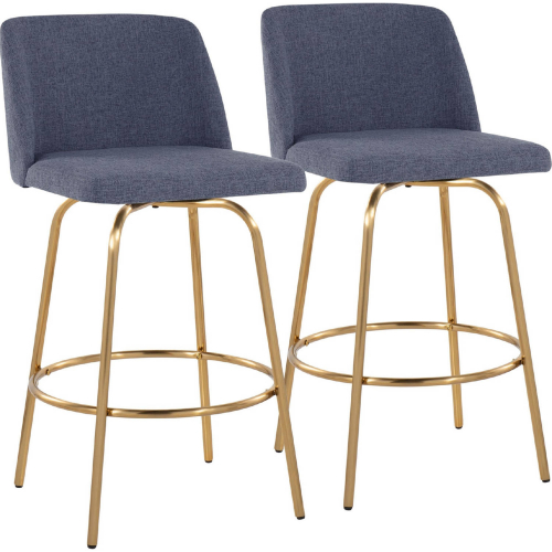 Toriano 26" Swivel Counter Stool in Blue Fabric & Gold with Round Footrest (Set of 2)